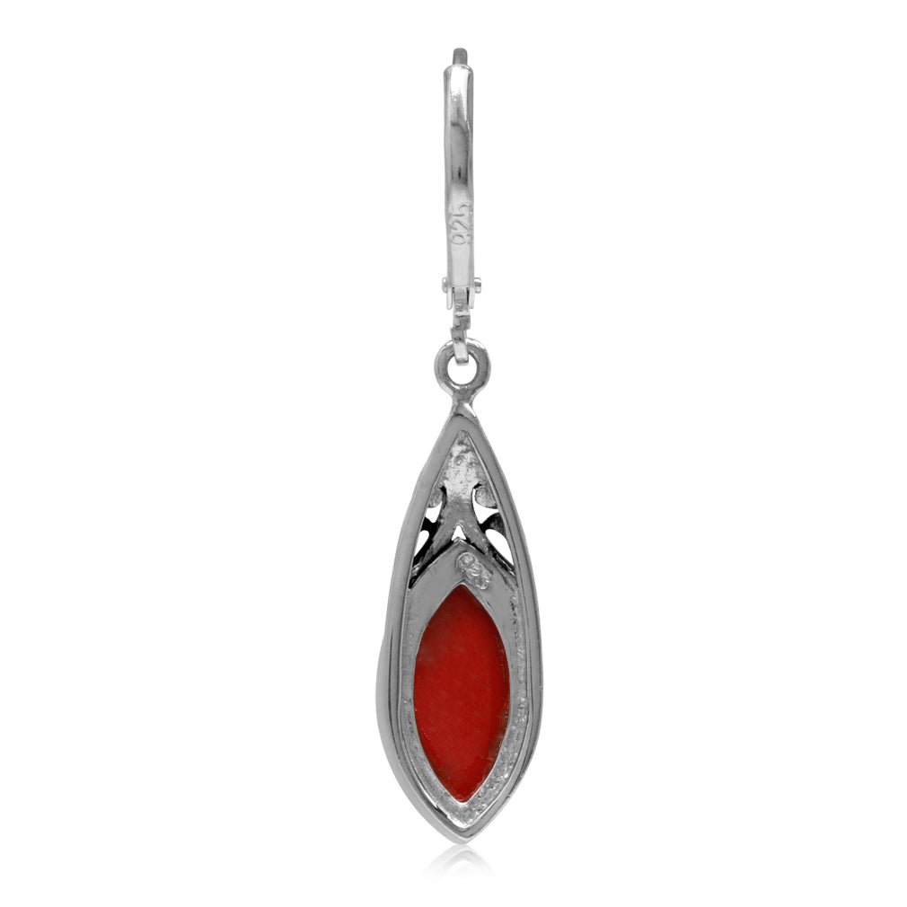 14X7mm Created Marquise Shape Red Coral 925 Sterling Silver Filigree Leverback Dangle Earrings Jewelry for Women - Silvershake-store