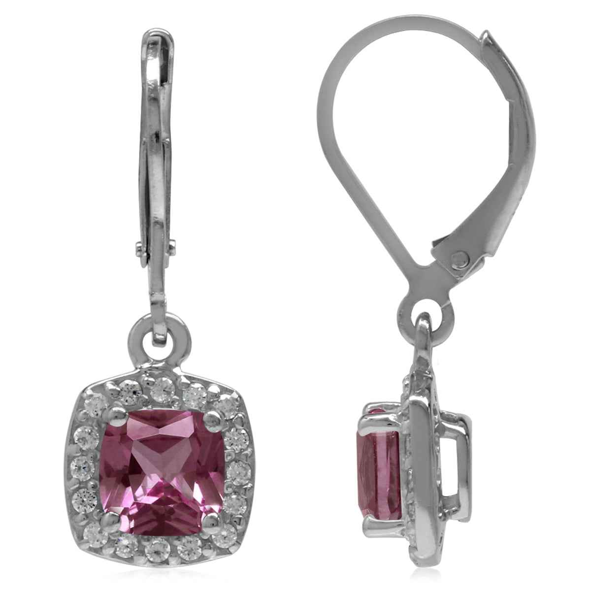 6mm Cushion Shape Simulated Color Change Alexandrite 925 Sterling Silver Halo Leverback Earrings