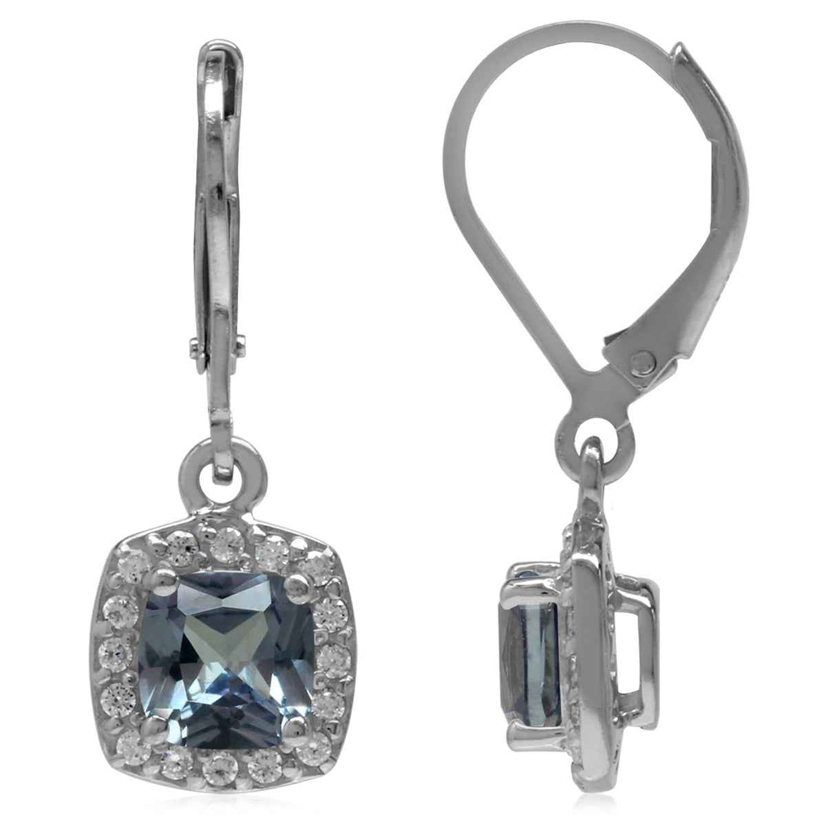 6mm Cushion Shape Simulated Color Change Alexandrite 925 Sterling Silver Halo Leverback Earrings
