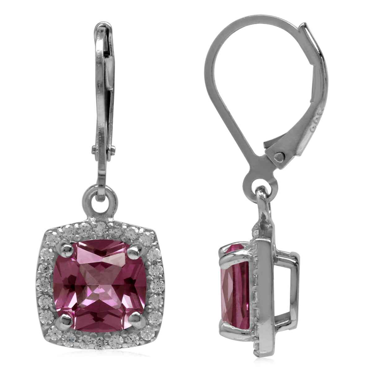 8mm Cushion Shape Simulated Color Change Alexandrite 925 Sterling Silver Halo Leverback Earrings