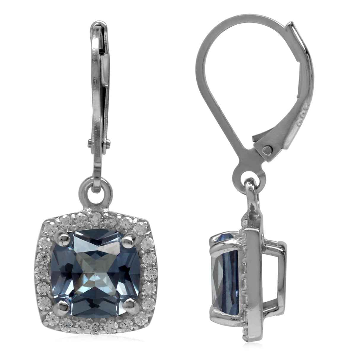 8mm Cushion Shape Simulated Color Change Alexandrite 925 Sterling Silver Halo Leverback Earrings