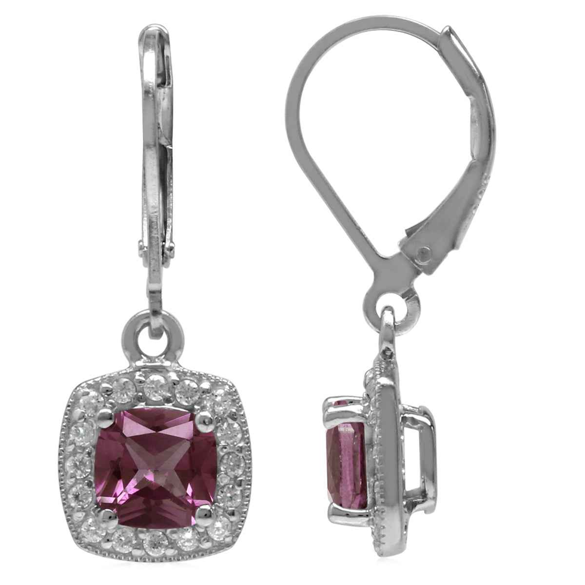 6mm Cushion Shape Simulated Color Change Alexandrite 925 Sterling Silver Halo Leverback Earrings