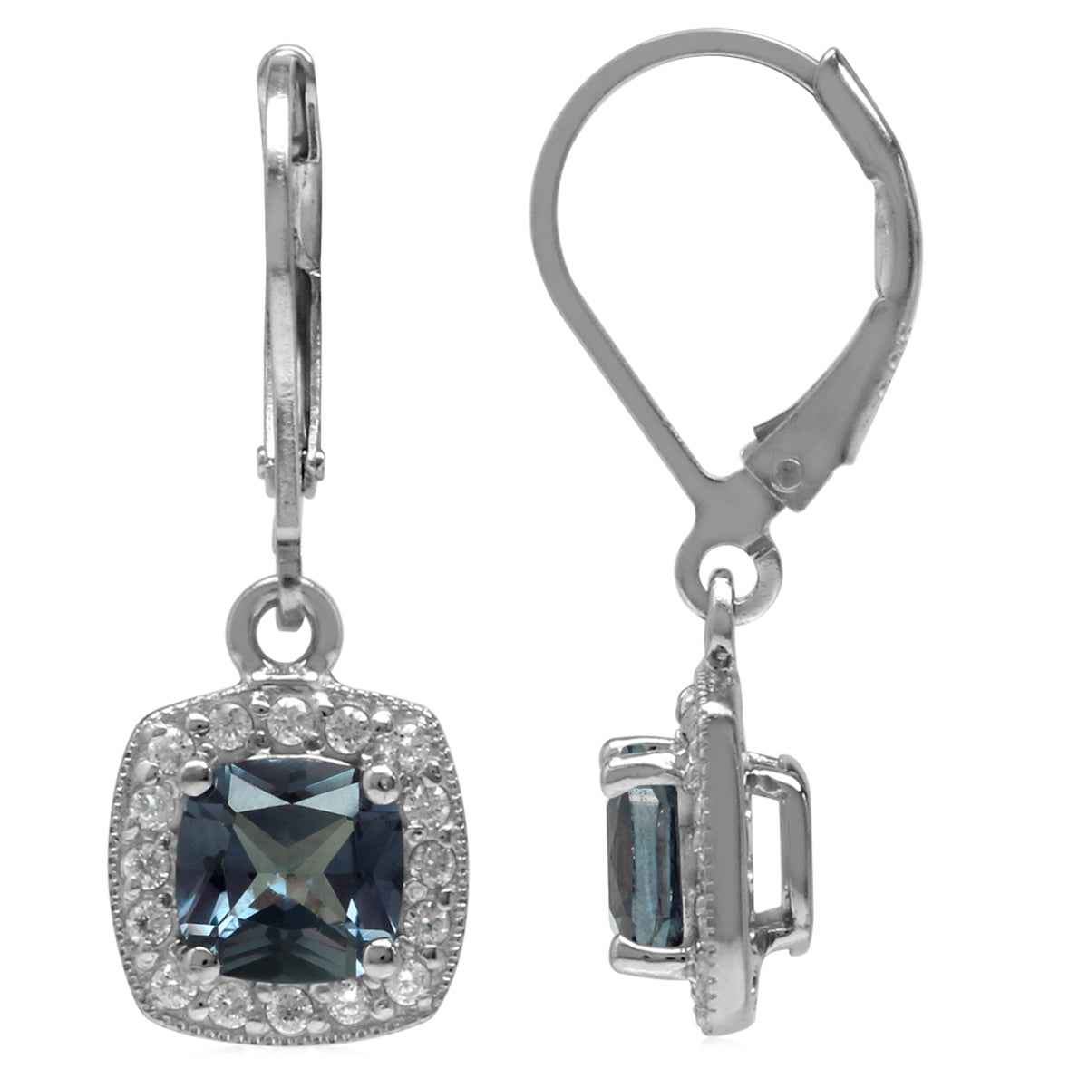 6mm Cushion Shape Simulated Color Change Alexandrite 925 Sterling Silver Halo Leverback Earrings