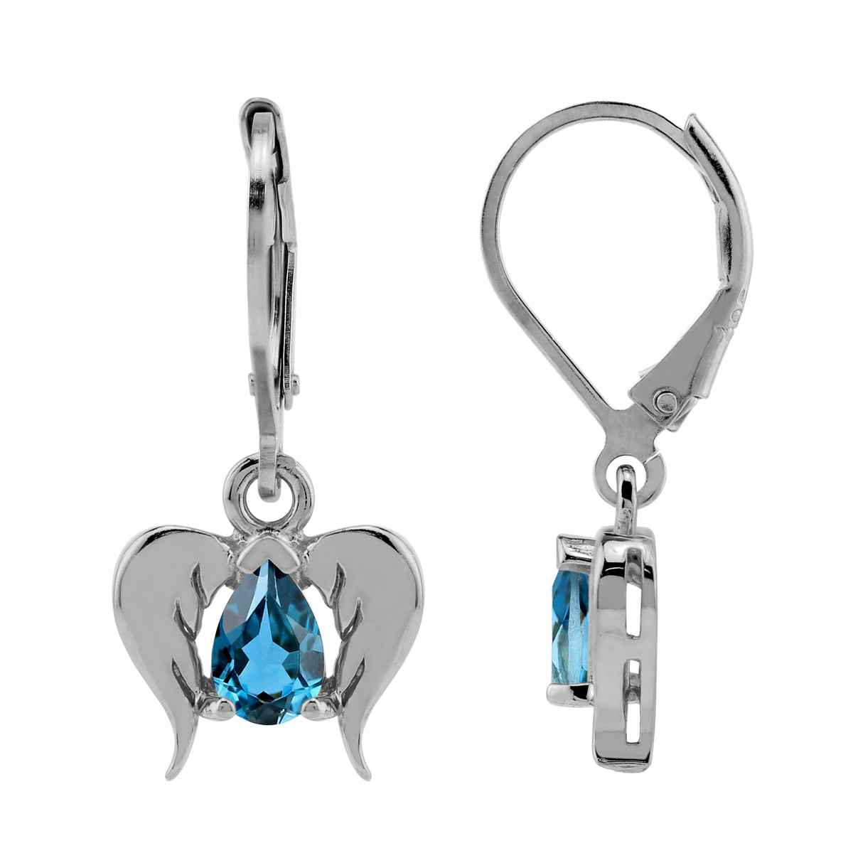 Genuine London Blue Topaz 925 Sterling Silver Angel Wings Dangle Leverback Earrings