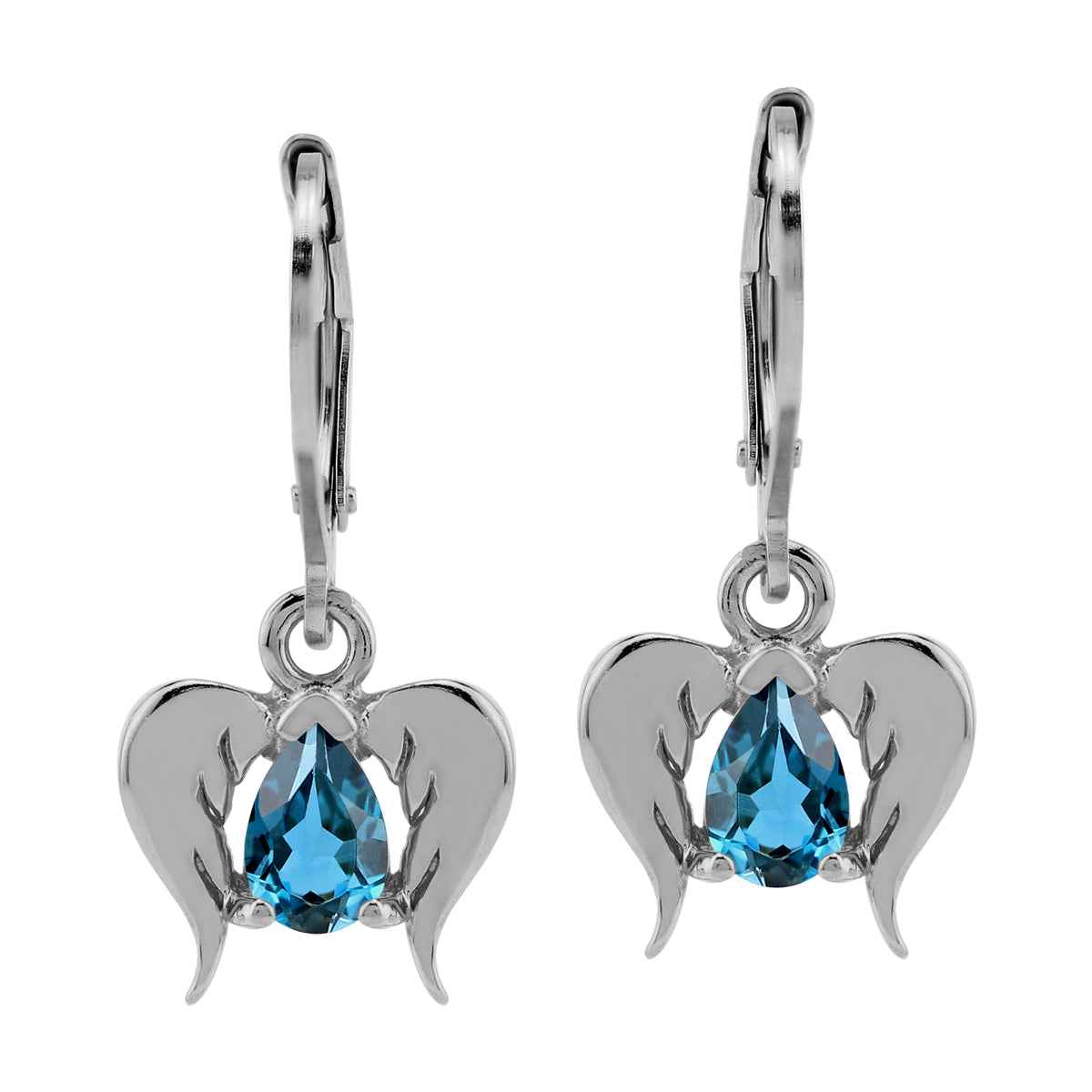 Genuine London Blue Topaz 925 Sterling Silver Angel Wings Dangle Leverback Earrings