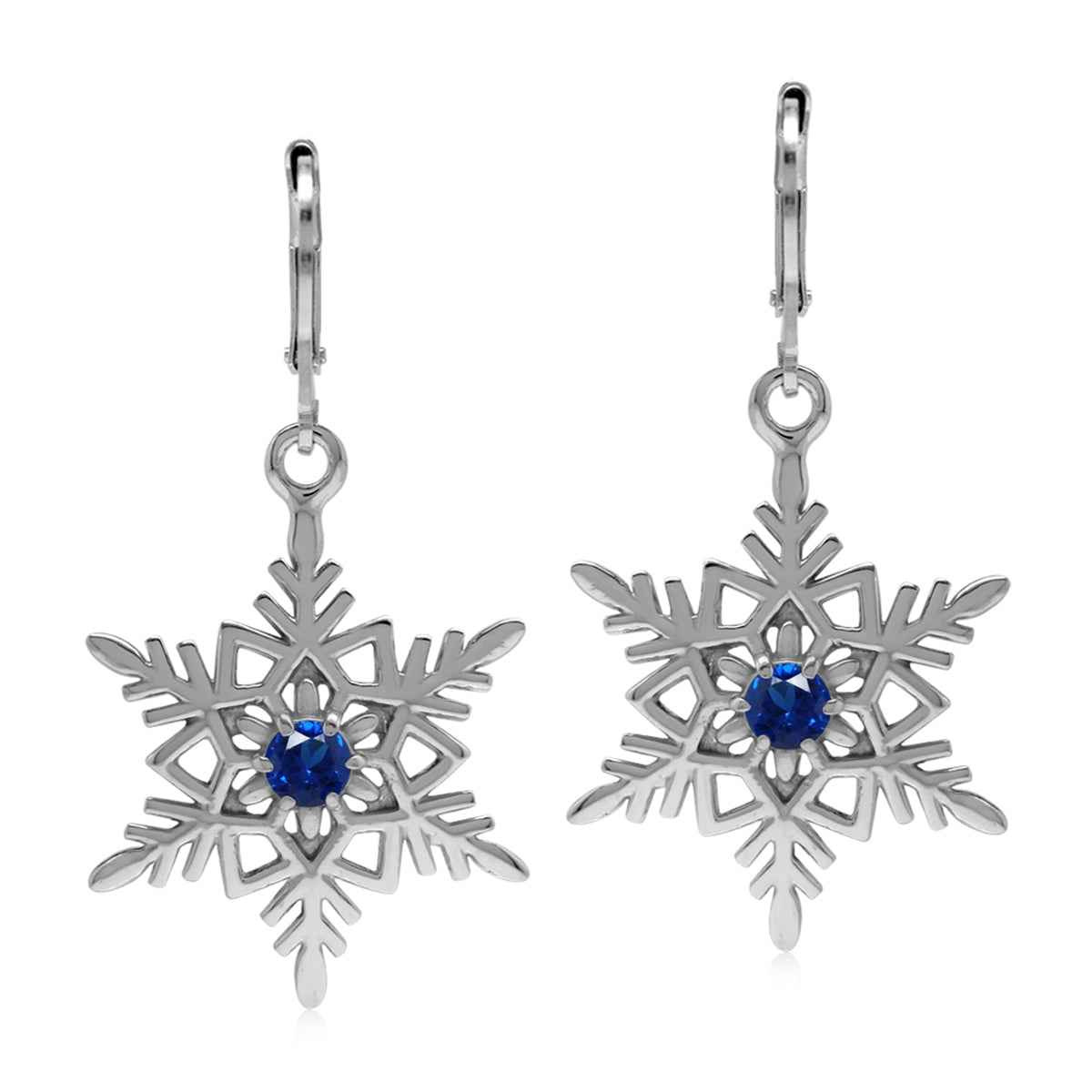 Synthetic Blue Sapphire 925 Sterling Silver Snowflake Leverback Dangle Earrings