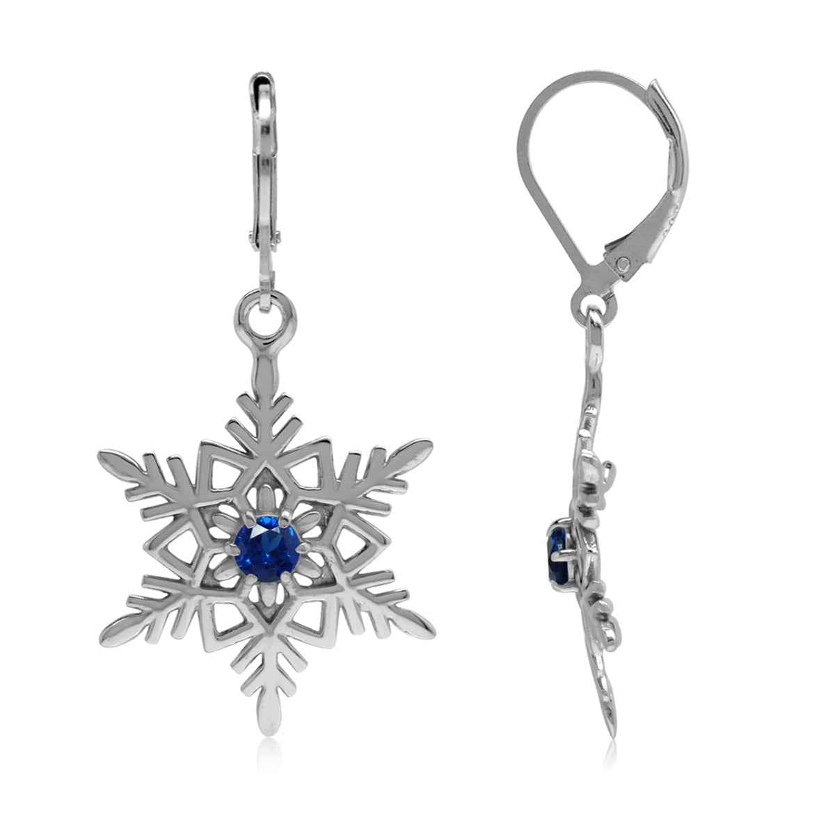 Synthetic Blue Sapphire 925 Sterling Silver Snowflake Leverback Dangle Earrings