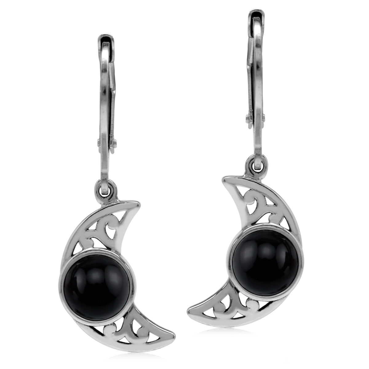 Black Onyx Cabochon Gemstone 925 Sterling Silver Filigree Crescent Moon Leverback Dangle Earrings