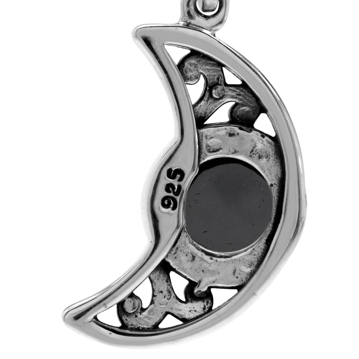 Black Onyx Cabochon Gemstone 925 Sterling Silver Filigree Crescent Moon Leverback Dangle Earrings