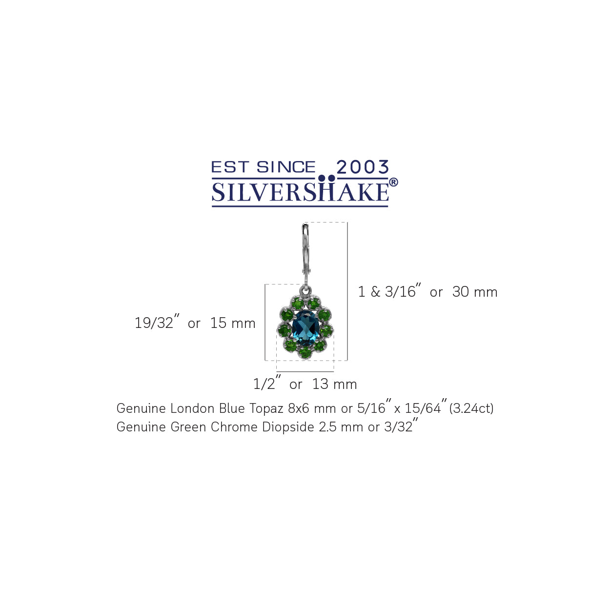 3.2ct. London Blue Topaz and Chrome Diopside 925 Sterling Silver Lever Back Cluster Earrings - Silvershake-store