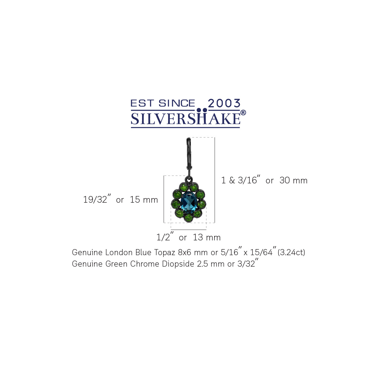 3.2ct. London Blue Topaz and Chrome Diopside 925 Sterling Silver Lever Back Cluster Earrings - Silvershake-store