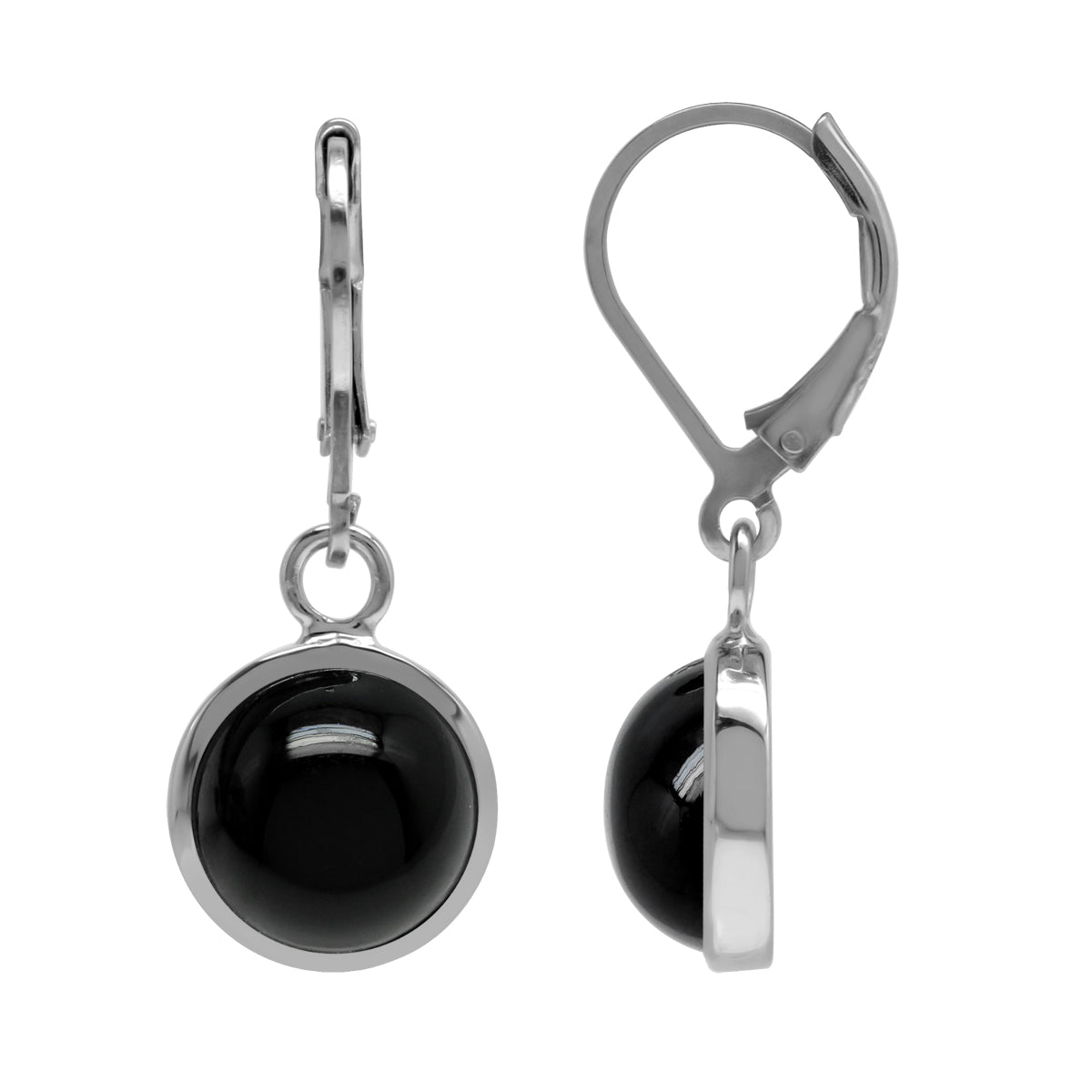 Natural 10mm Black Onyx 925 Sterling Silver Basic Bezel Set Leverback Dangle Earrings - Silvershake-store