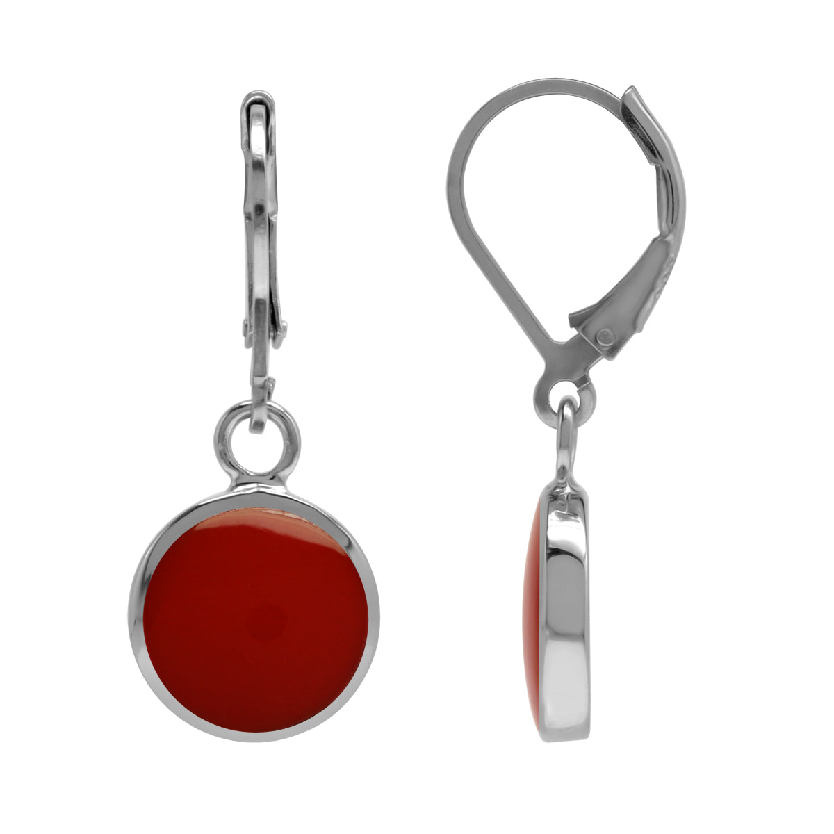 Created 10 mm Round Red Coral Inlay 925 Sterling Silver Basic Leverback Dangle Earrings - Silvershake-store