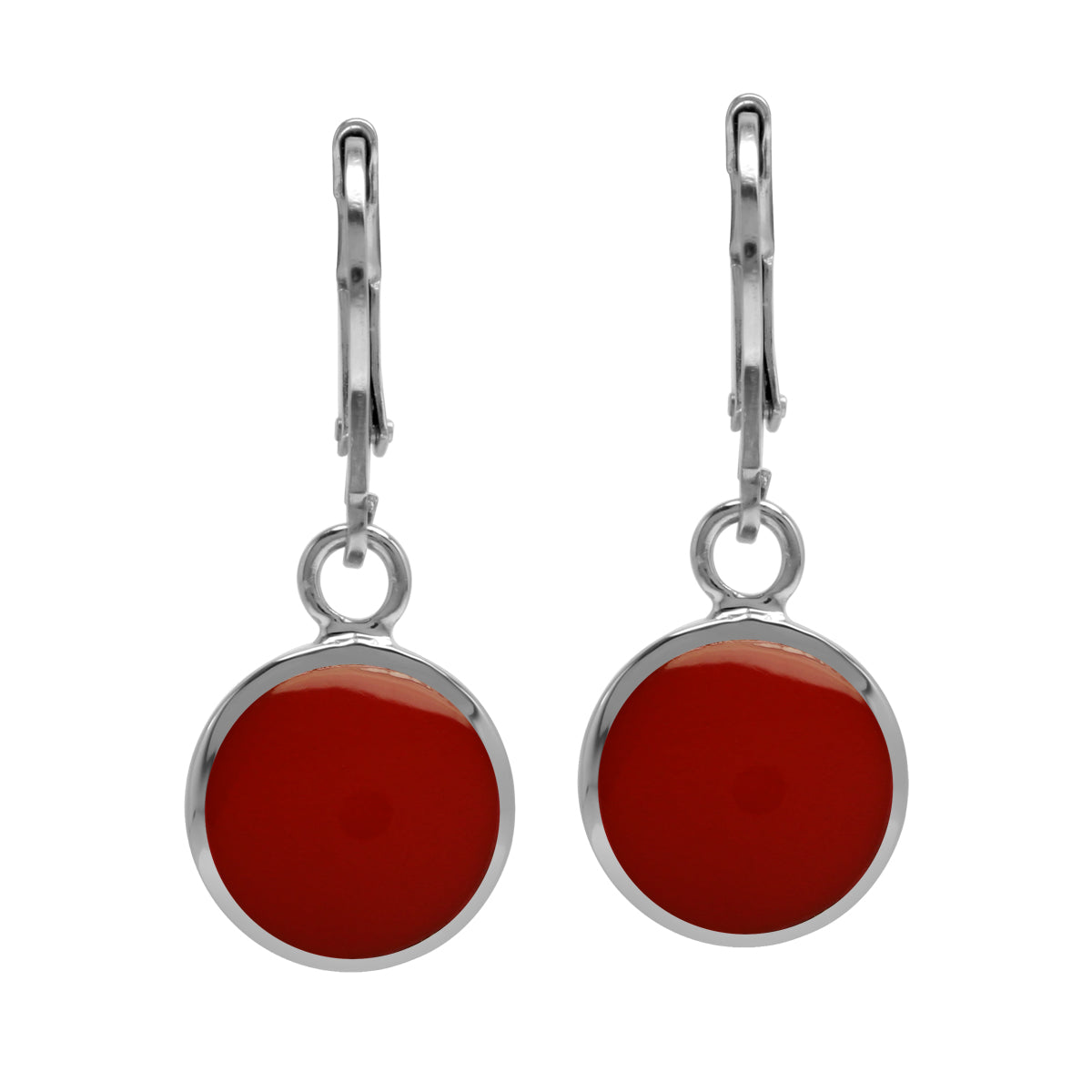 Created 10 mm Round Red Coral Inlay 925 Sterling Silver Basic Leverback Dangle Earrings - Silvershake-store