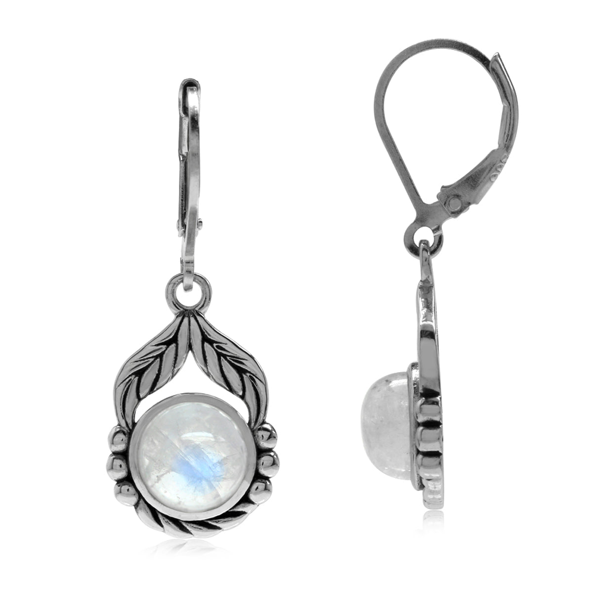 Natural Moonstone 925 Sterling Silver Leaf & Rope Leverback Dangle Earrings