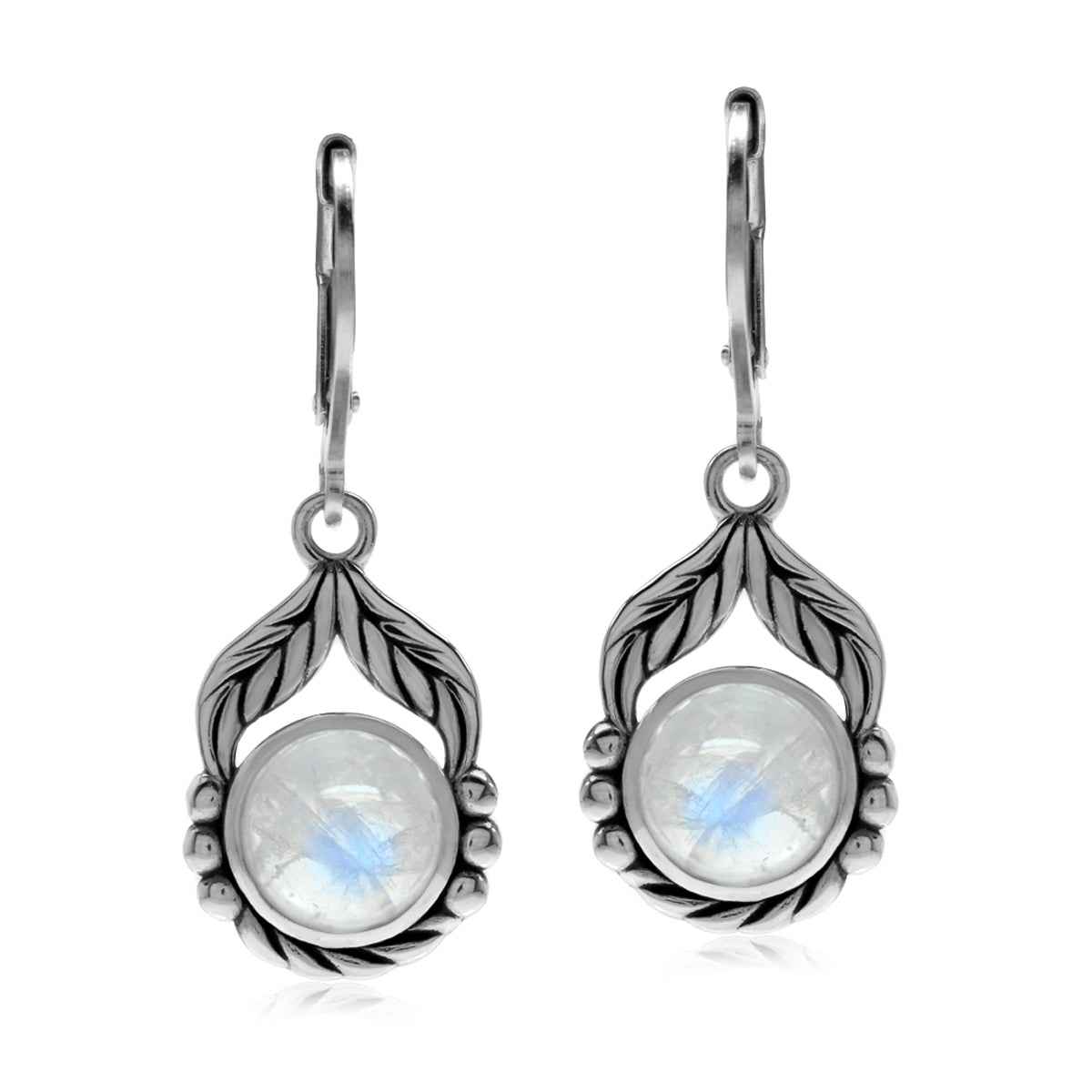 Natural Moonstone 925 Sterling Silver Leaf & Rope Leverback Dangle Earrings