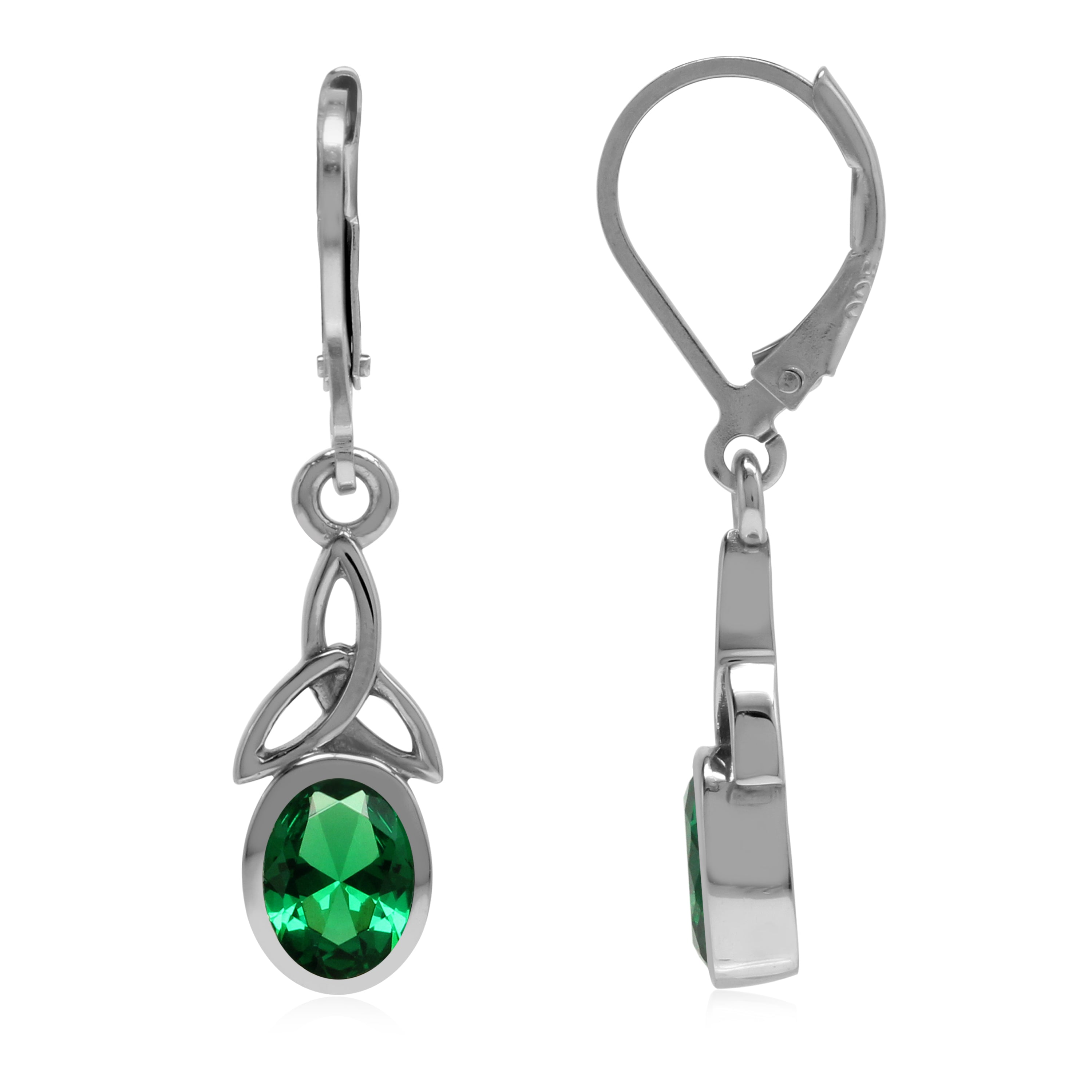 Created Nano Green Emerald 925 Sterling Silver Triquetra Celtic Leverback Earrings - Silvershake-store