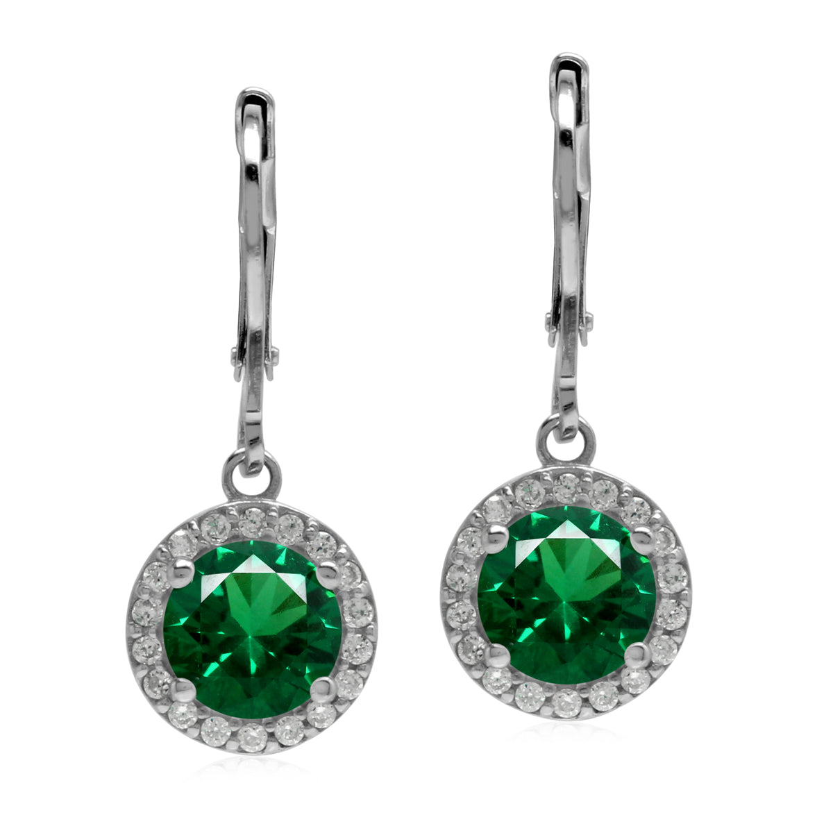 2.4 Ctw 7MM Nano Green Emerald 925 Sterling Silver Halo Leverback dangle Earrings