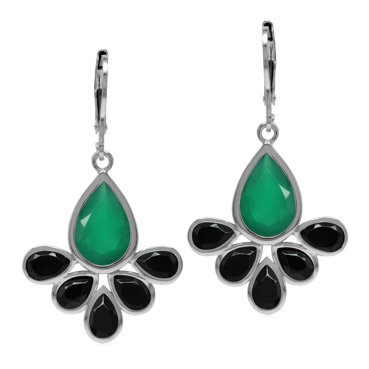 Emerald Green Agate and Black Spinel Stone 925 Sterling Silver Fan Shape Leverback Drop Earrings