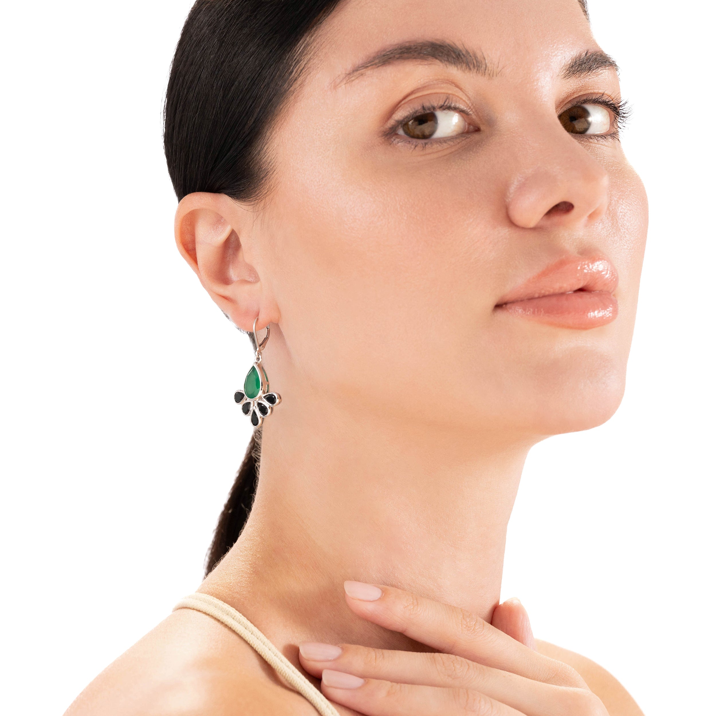 Emerald Green Agate and Black Spinel Stone 925 Sterling Silver Fan Shape Leverback Drop Earrings