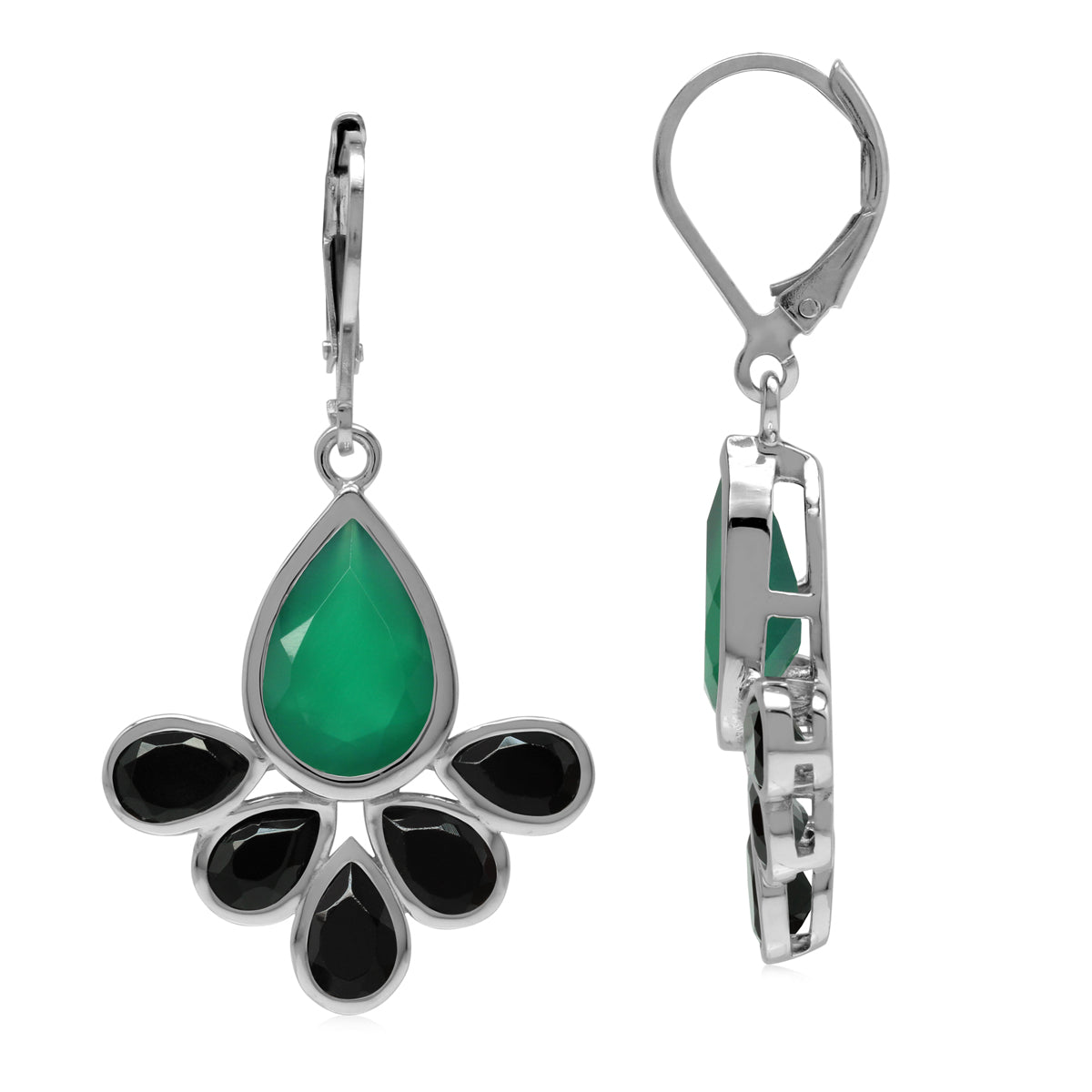 Emerald Green Agate and Black Spinel Stone 925 Sterling Silver Fan Shape Leverback Drop Earrings