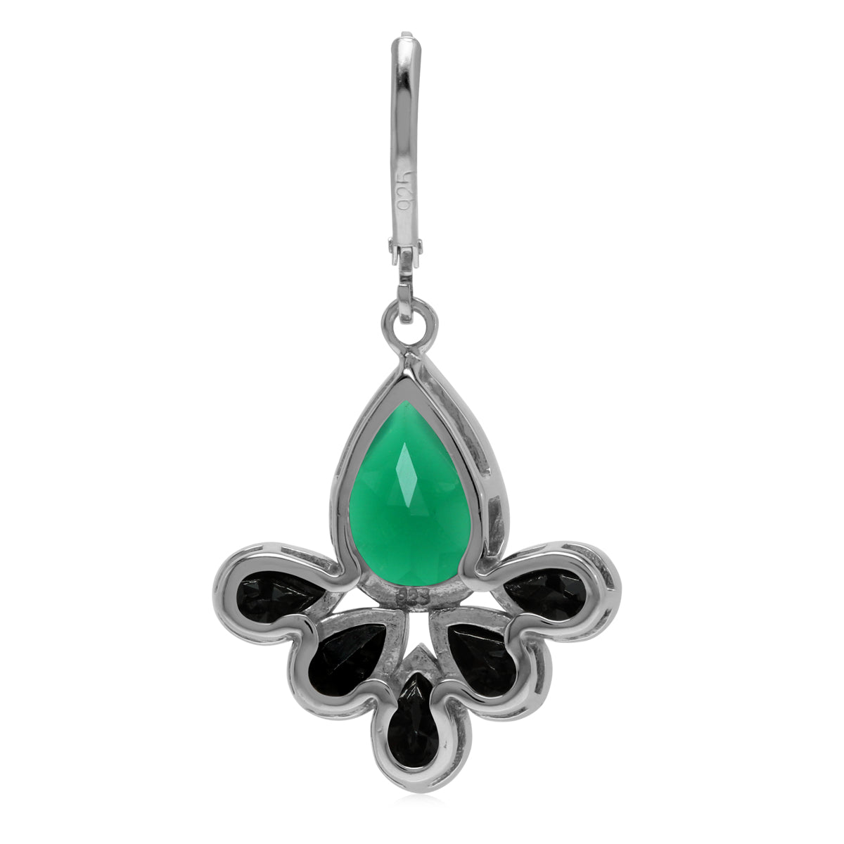 Emerald Green Agate and Black Spinel Stone 925 Sterling Silver Fan Shape Leverback Drop Earrings