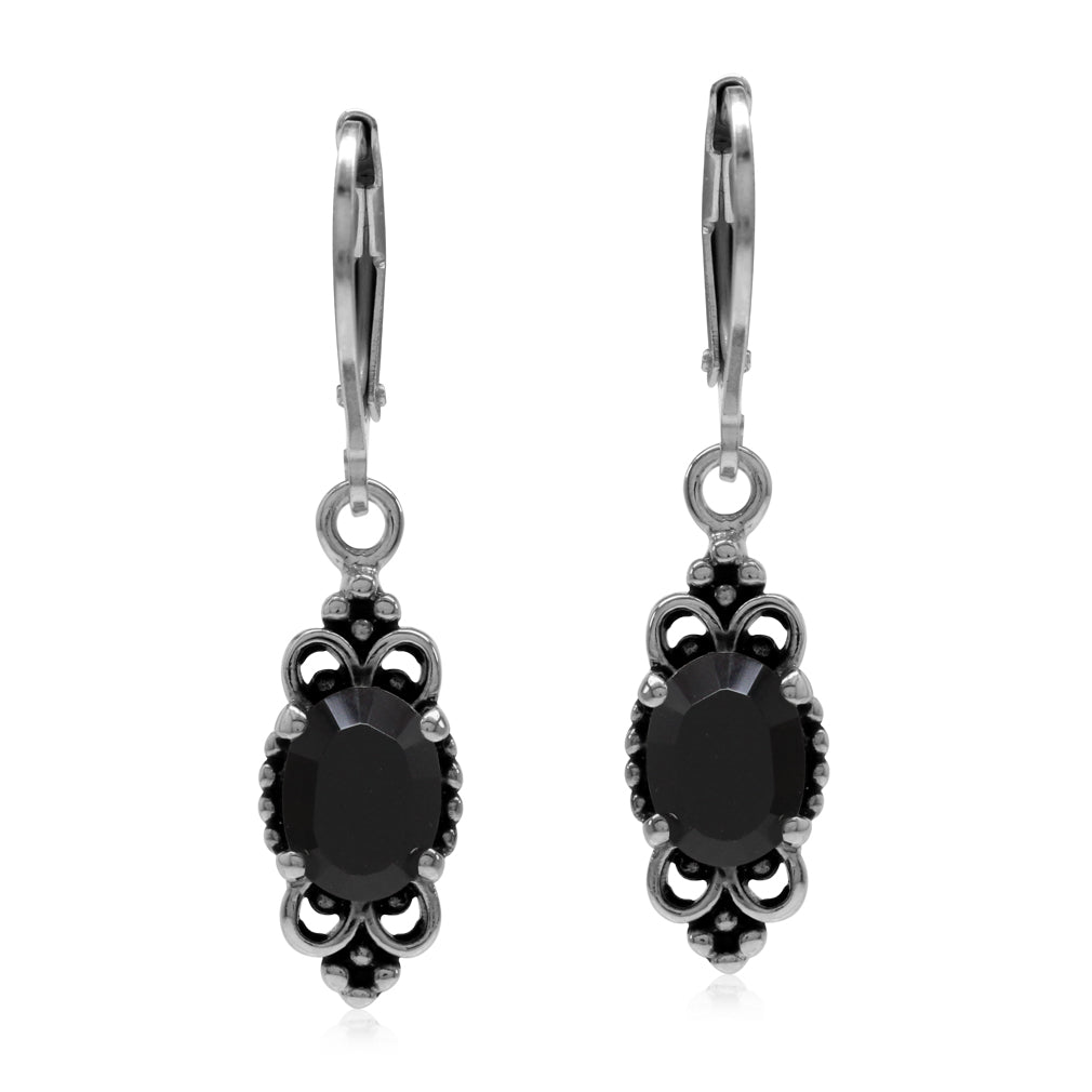 Natural Black Onyx 925 Sterling Silver Balinese Style Leverback Earrings - Silvershake-store