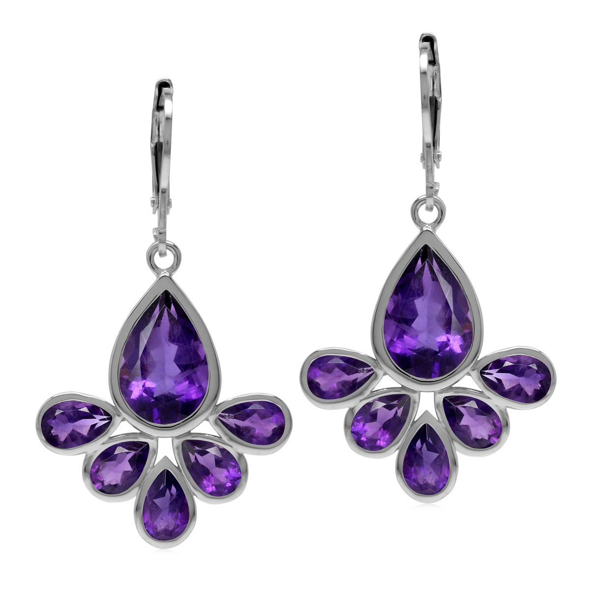 Genuine 9 Ctw Purple African Amethyst Stone 925 Sterling Silver Drop Fan Shape Leverback Earrings