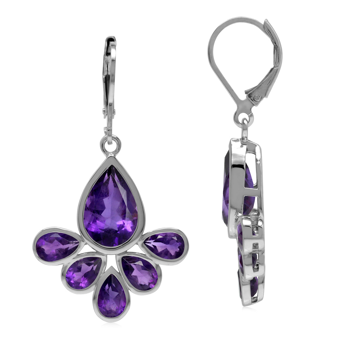 Genuine 9 Ctw Purple African Amethyst Stone 925 Sterling Silver Drop Fan Shape Leverback Earrings