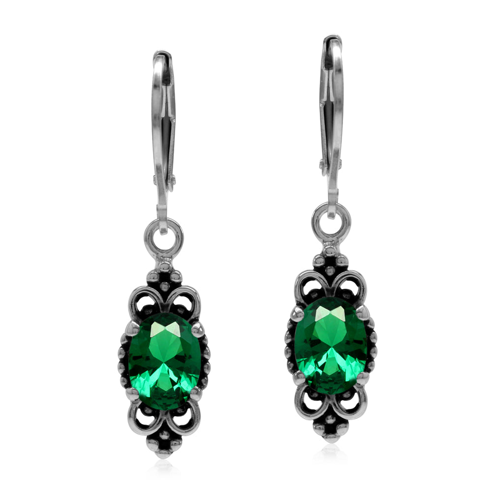 Created Nano Green Emerald 925 Sterling Silver Balinese Style Leverback Dangle Earrings - Silvershake-store