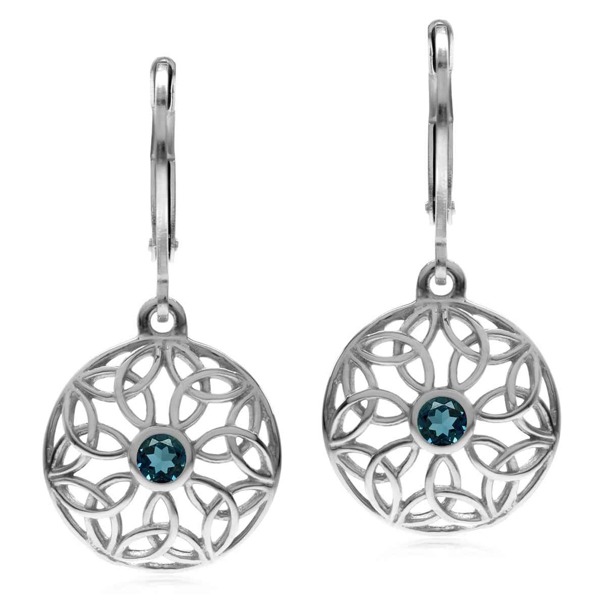 Genuine London Blue Topaz 925 Sterling Silver Triquetra Celtic Knot Circle Leverback Dangle Earrings