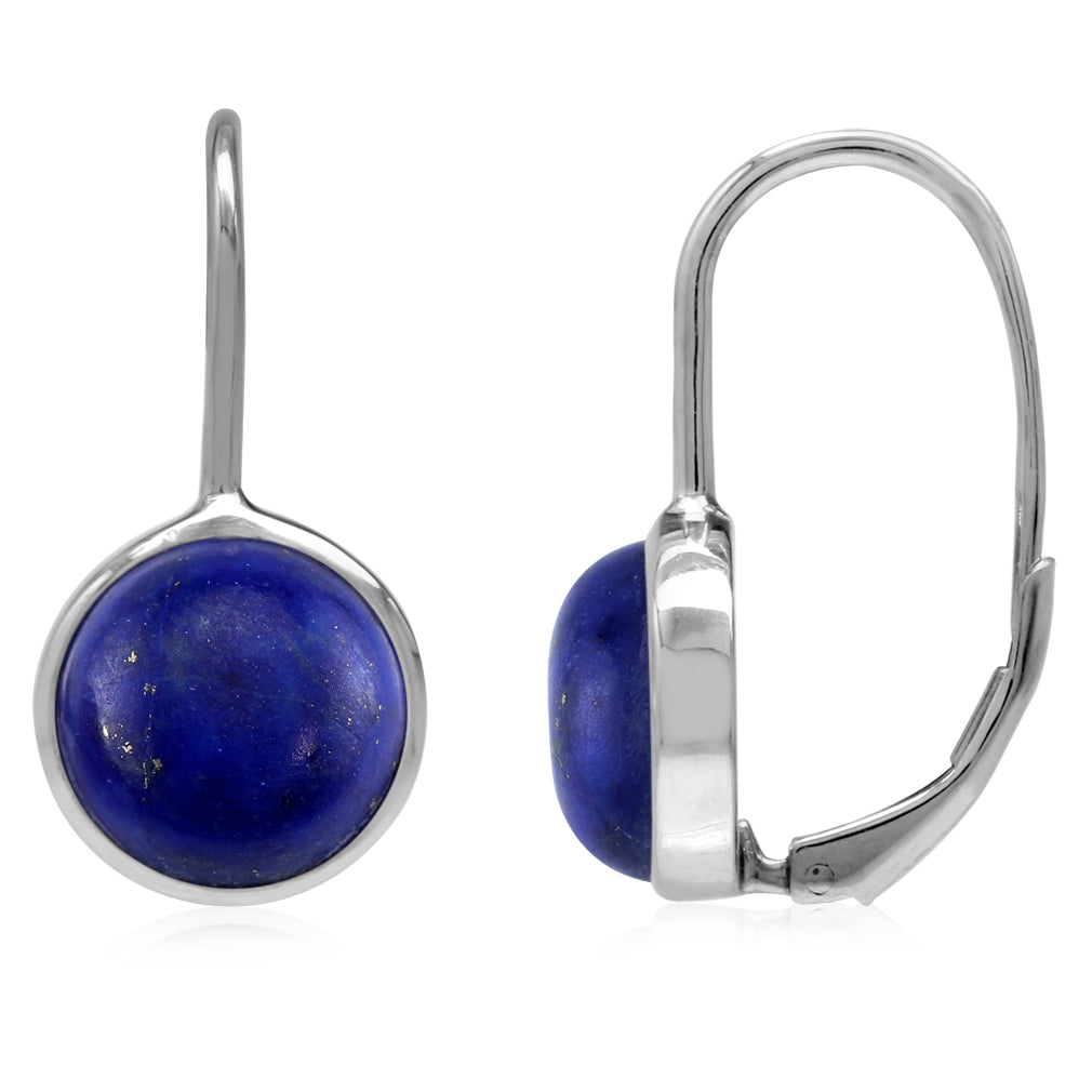 Natural 10 mm Blue Lapis Lazuli Stone 925 Sterling Silver Leverback Earrings - Silvershake-store
