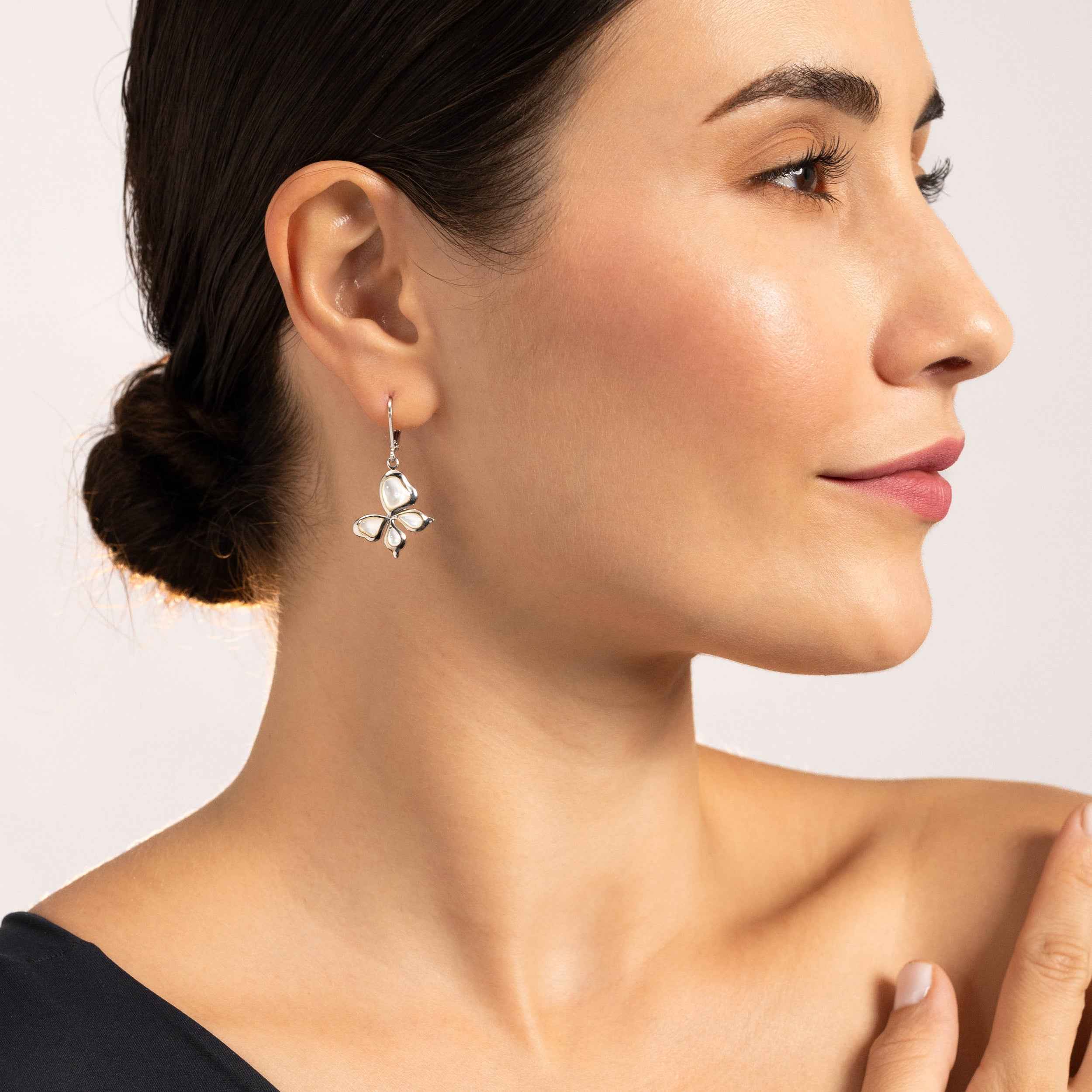 White Mother Of Pearl 925 Sterling Silver Leverback Butterfly Hypoallergenic Earrings