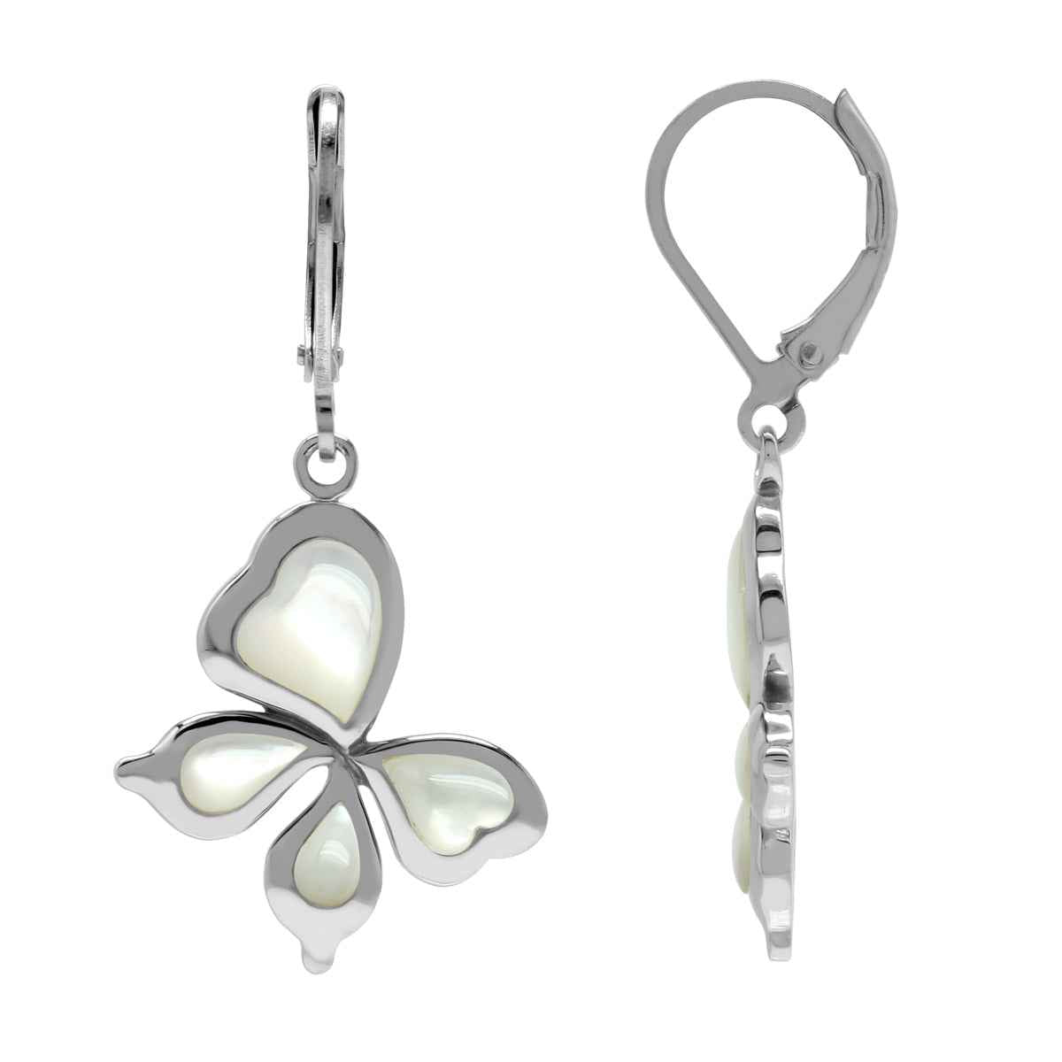 White Mother Of Pearl 925 Sterling Silver Leverback Butterfly Hypoallergenic Earrings