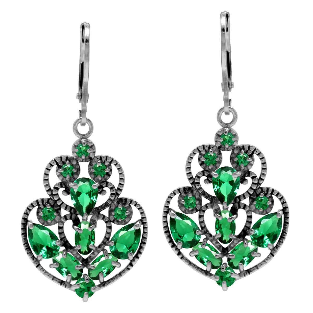 Green Nano Emerald 925 Sterling Silver Filigree Victorian Style Leverback Earrings