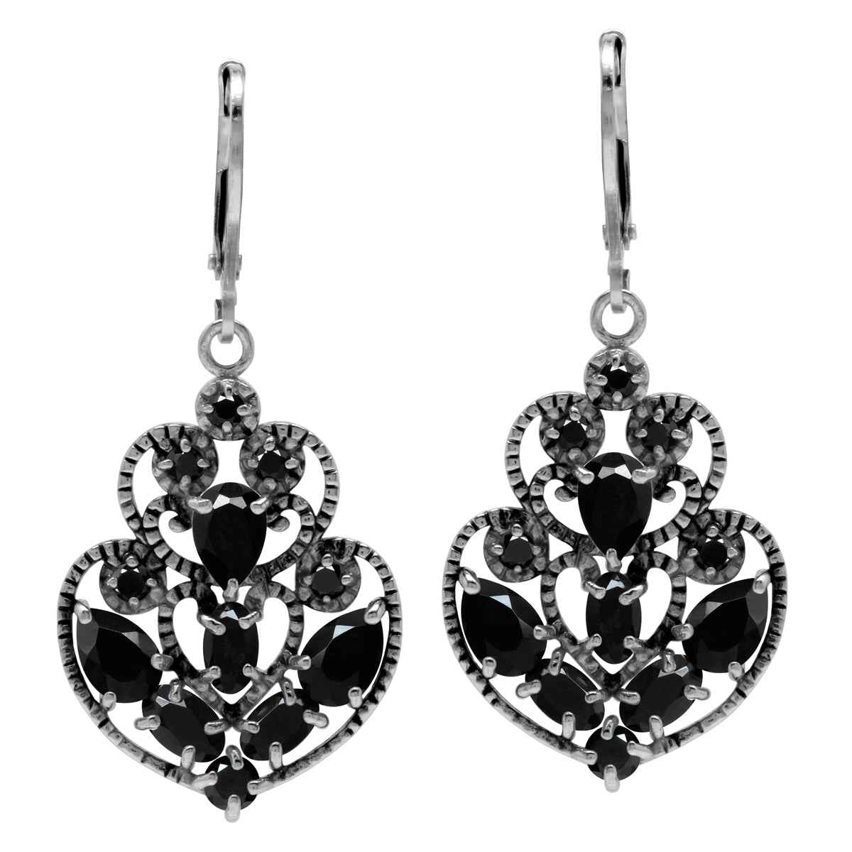 Natural Black Onyx 925 Sterling Silver Filigree Victorian Style Leverback Earrings