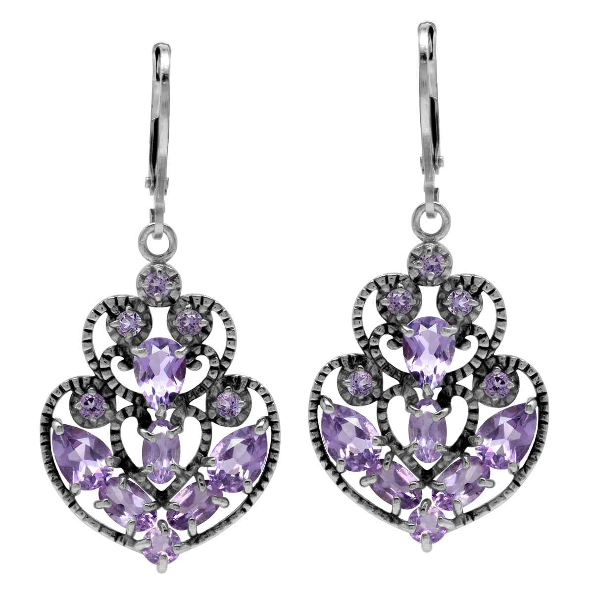 Light Amethyst 925 Sterling Silver Filigree Victorian Style Leverback Earrings