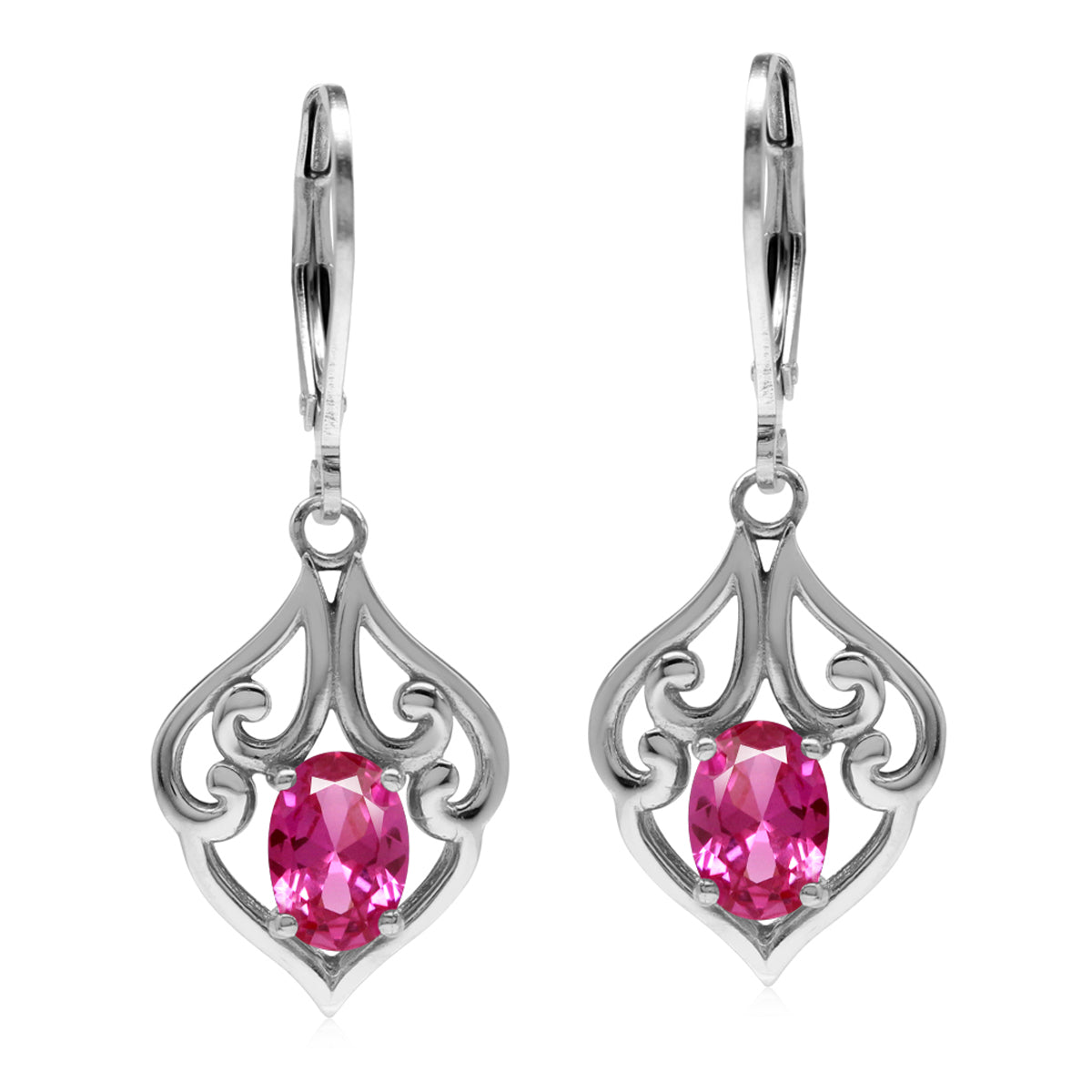 1.8ct. Created Pink Tourmaline 925 Sterling Silver Victorian Style Leverback Dangle Earrings - Silvershake-store