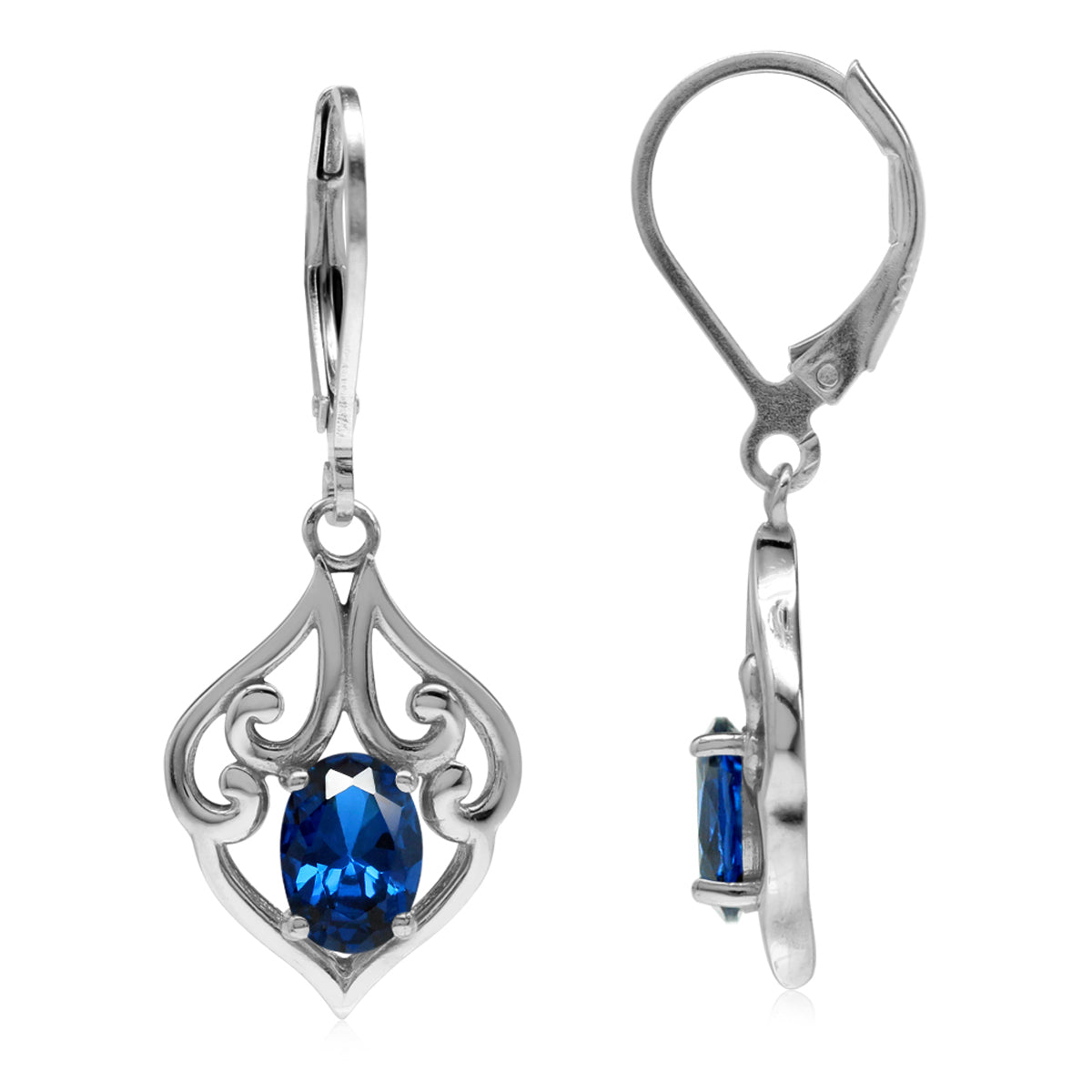 1.6ct. Created Blue Sapphire 925 Sterling Silver Victorian Style Leverback Dangle Earrings - Silvershake-store