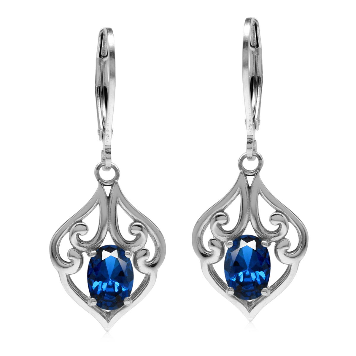 1.6ct. Created Blue Sapphire 925 Sterling Silver Victorian Style Leverback Dangle Earrings - Silvershake-store