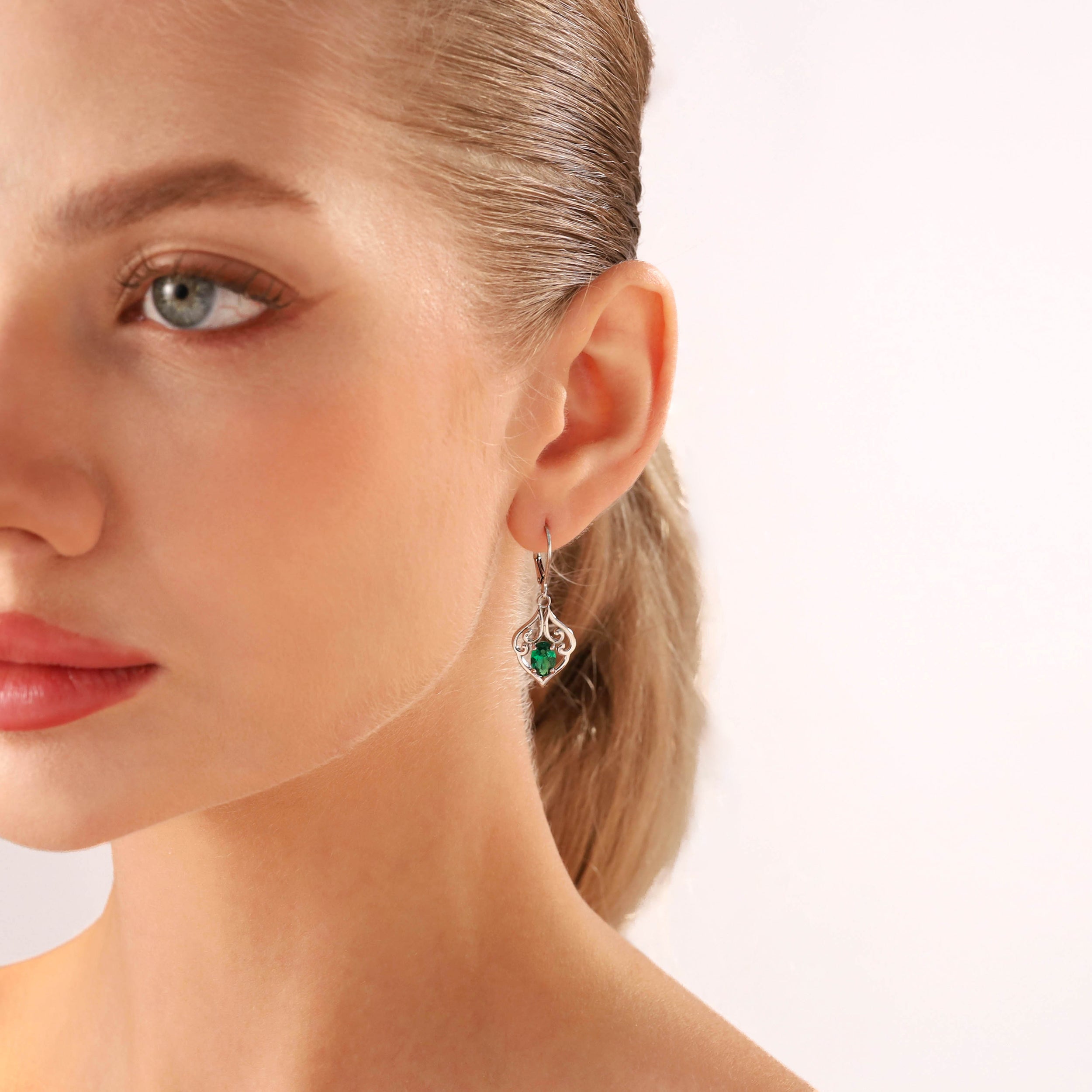 1.3ct. Created Nano Green Emerald 925 Sterling Silver Victorian Style Leverback Dangle Earrings - Silvershake-store