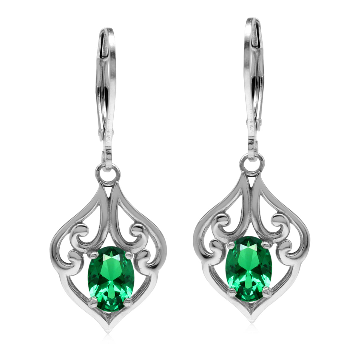 1.3ct. Created Nano Green Emerald 925 Sterling Silver Victorian Style Leverback Dangle Earrings - Silvershake-store