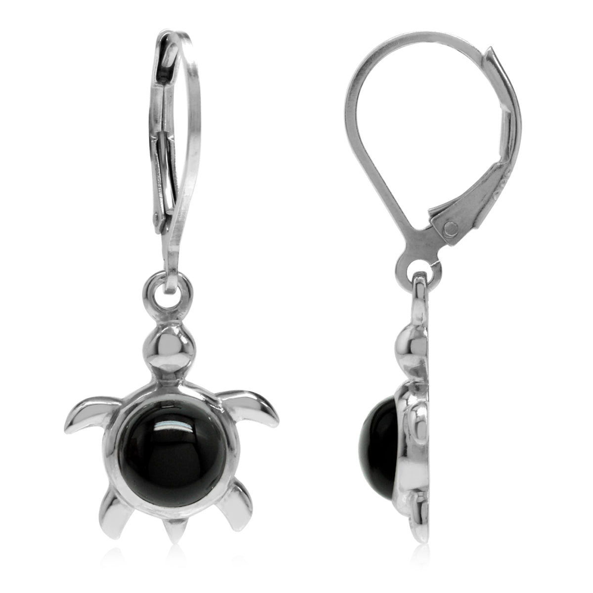 Natural Black Onyx 925 Sterling Silver Turtle Turtle Sea Life Leverback Dangle Earrings - Silvershake-store