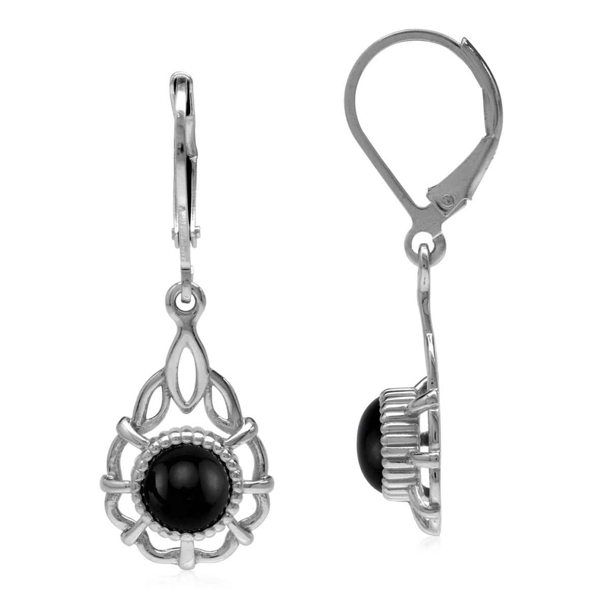 Natural Black Onyx 925 Sterling Silver Filigree Drop Dangle Leverback Earrings