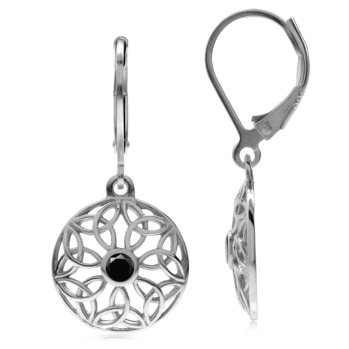 Natural Black Onyx 925 Sterling Silver Triquetra Celtic Knot Circle Disc Leverback Dangle Earrings