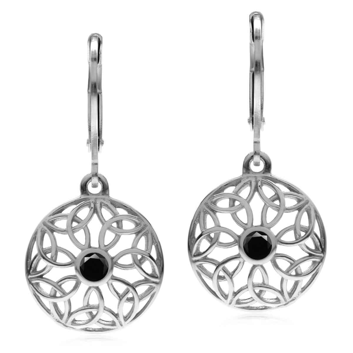 Natural Black Onyx 925 Sterling Silver Triquetra Celtic Knot Circle Disc Leverback Dangle Earrings