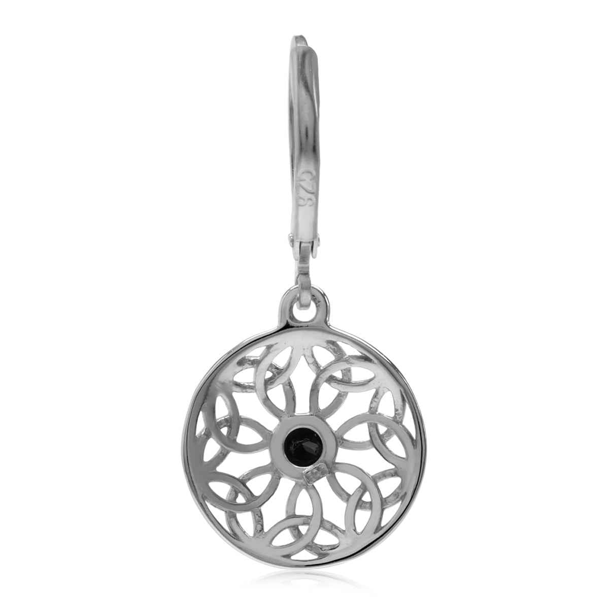 Natural Black Onyx 925 Sterling Silver Triquetra Celtic Knot Circle Disc Leverback Dangle Earrings