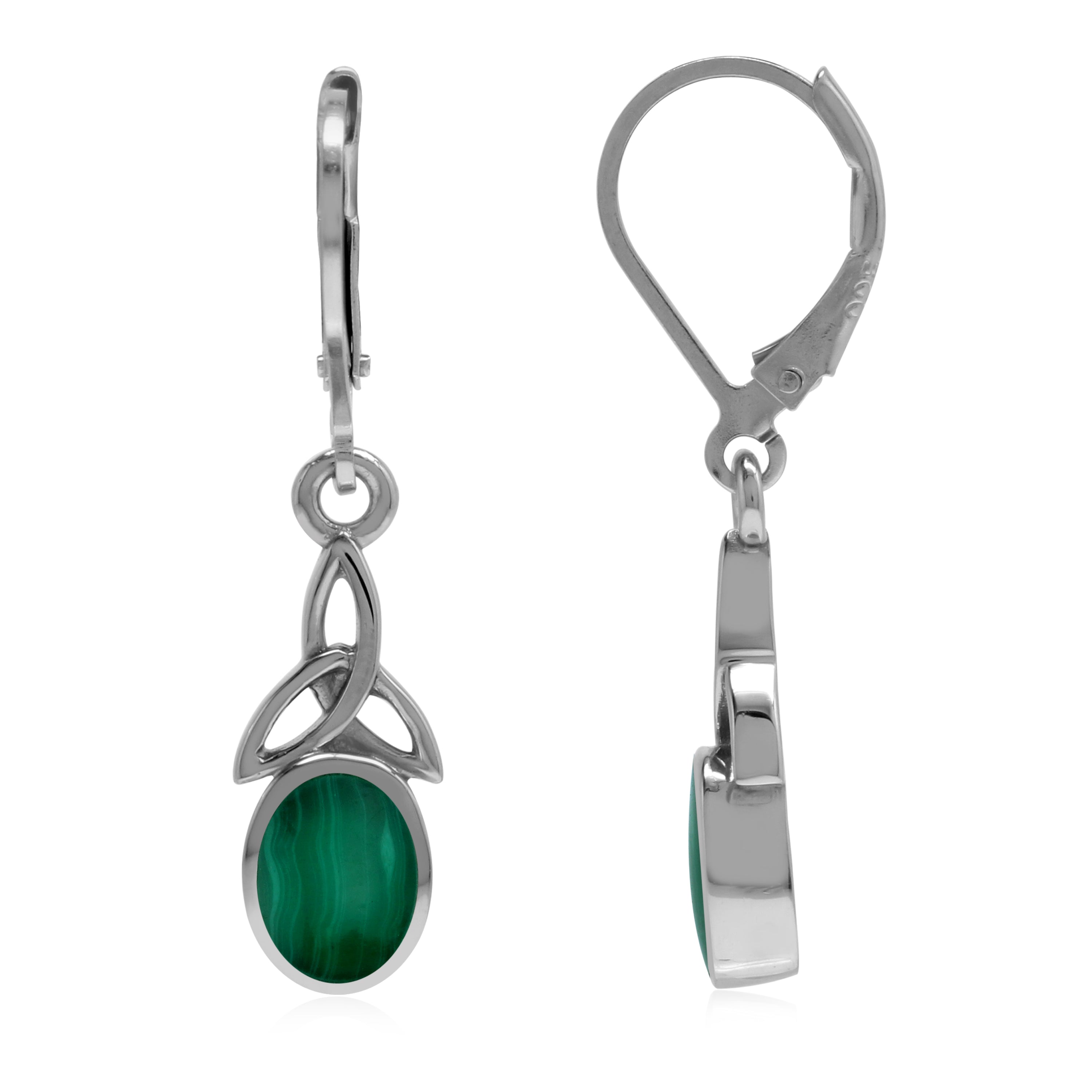 Created Green Malachite Inlay 925 Sterling Silver Triquetra Celtic Knot Leverback Gemstone Earrings Jewelry for Women - Silvershake-store