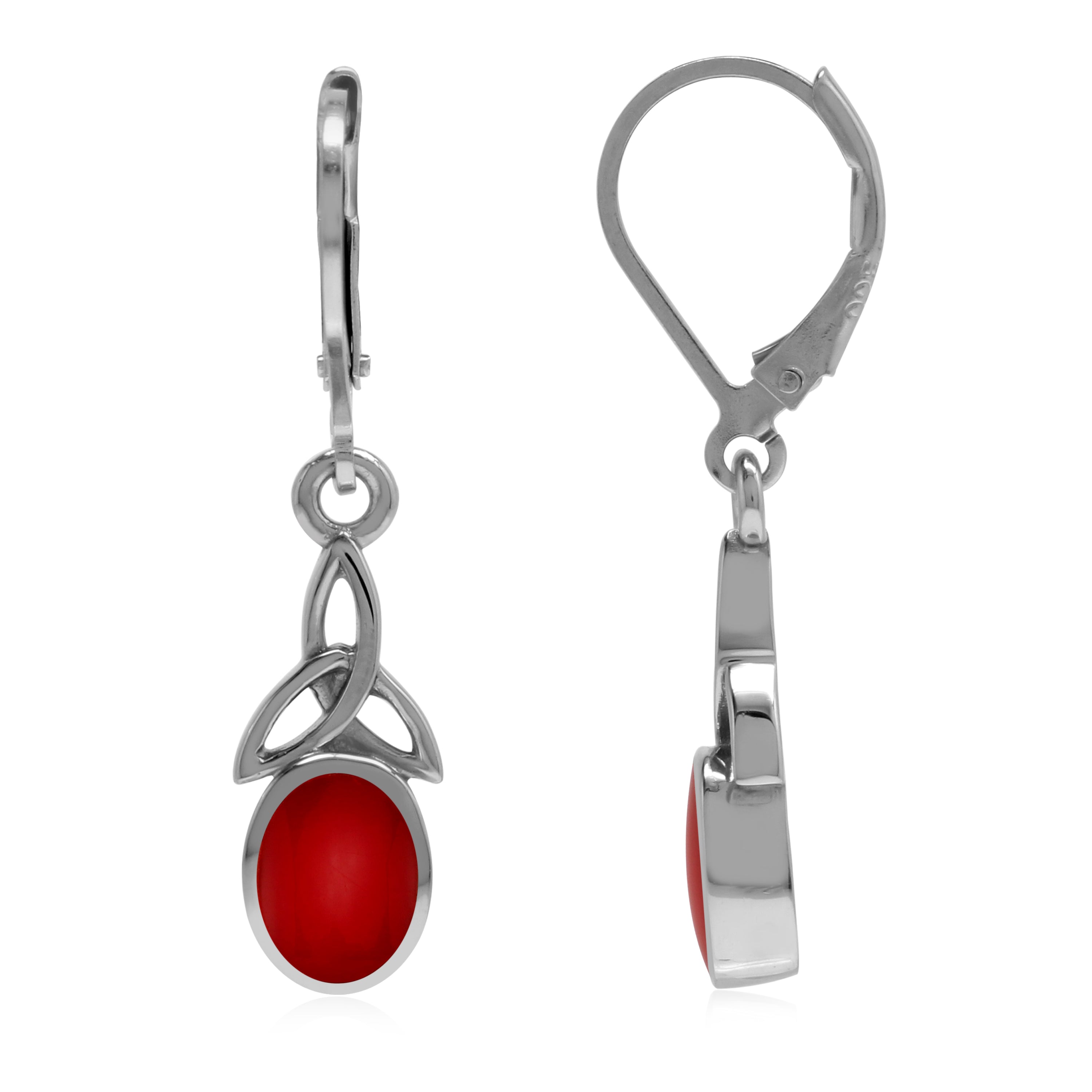 Created Red Coral Inlay 925 Sterling Silver Triquetra Celtic Knot Leverback Gemstone Earrings Jewelry for Women - Silvershake-store
