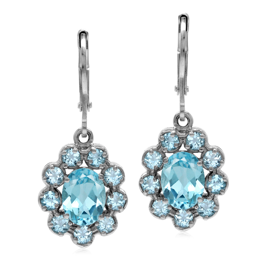 4.46 ct. Genuine Light Sky Blue Topaz White Gold Plated 925 Sterling Silver Flower Cluster Leverback Earrings - Silvershake-store